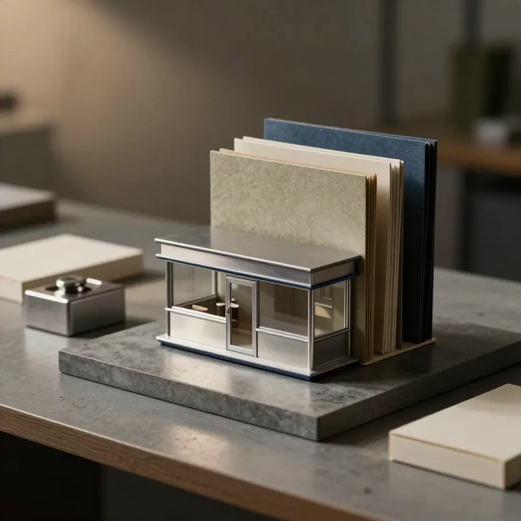 Scale model retail unit with folders and paperweight in dramatic low light
