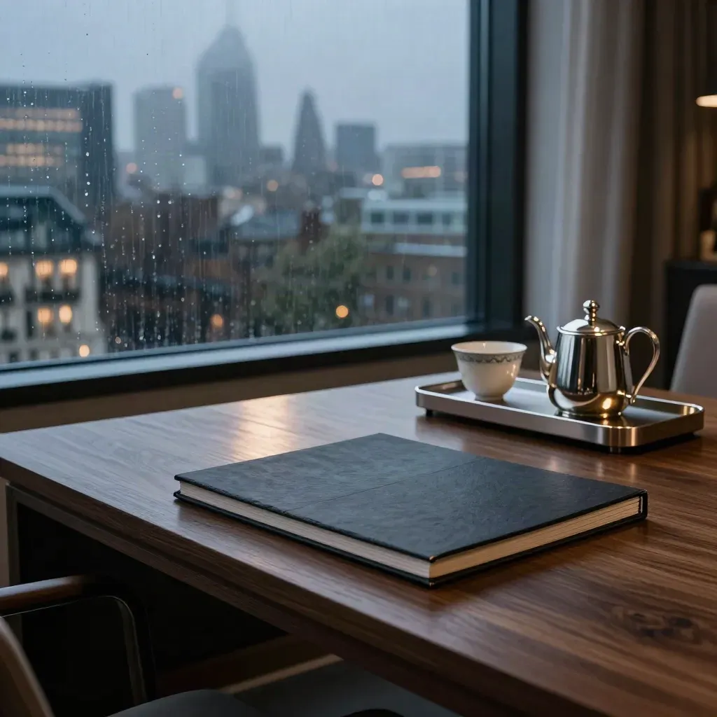 Rain-lit London deal desk with folio and tea tray behind wet glass at dusk.