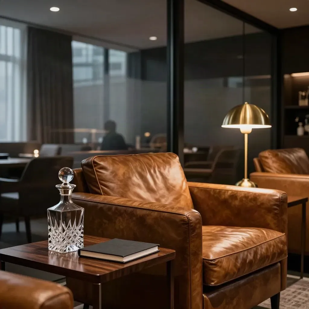 Private finance lounge with leather chair, brass lamp, decanter and notebook