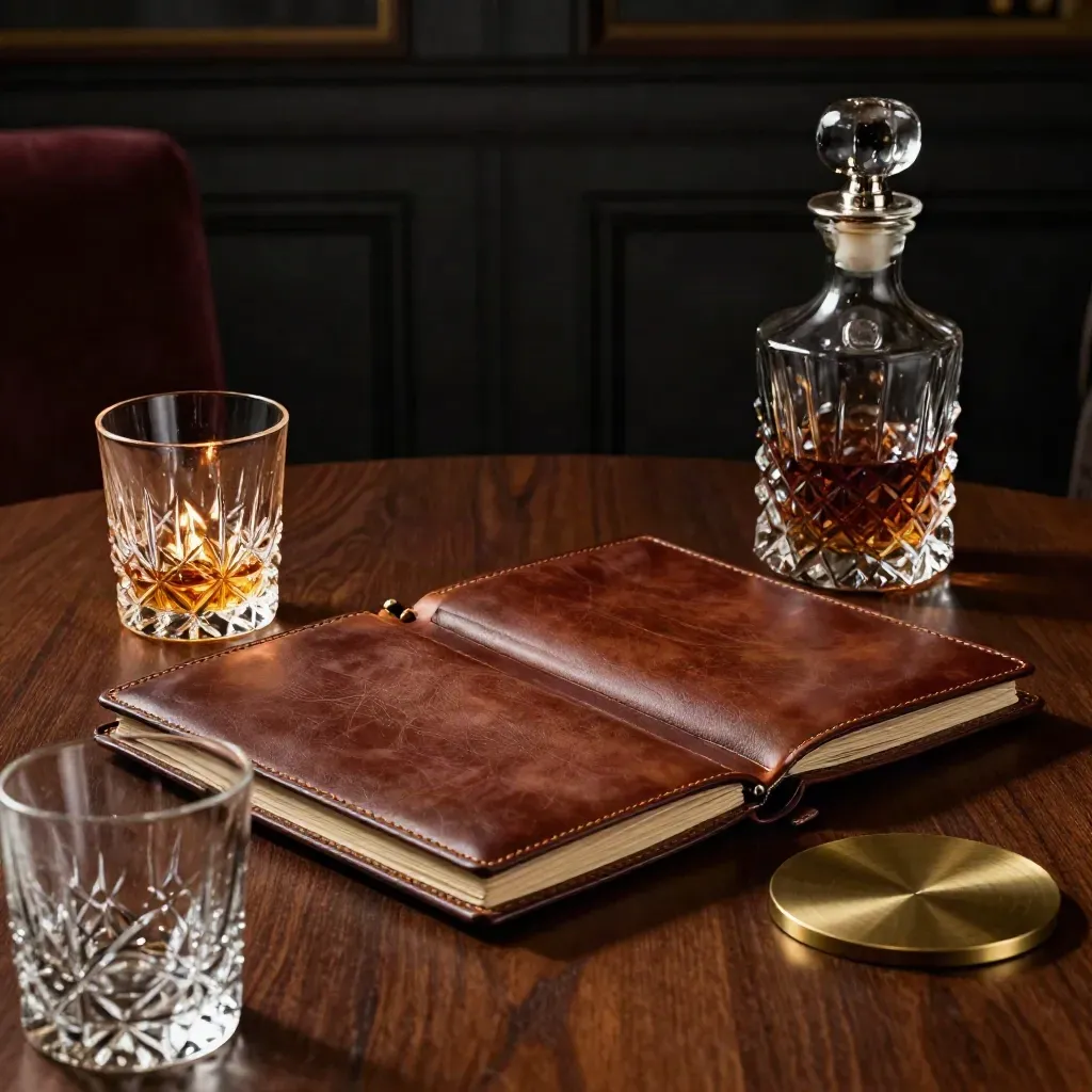 Leather folio, tumbler, decanter and brass coaster on a club table at nightfall.